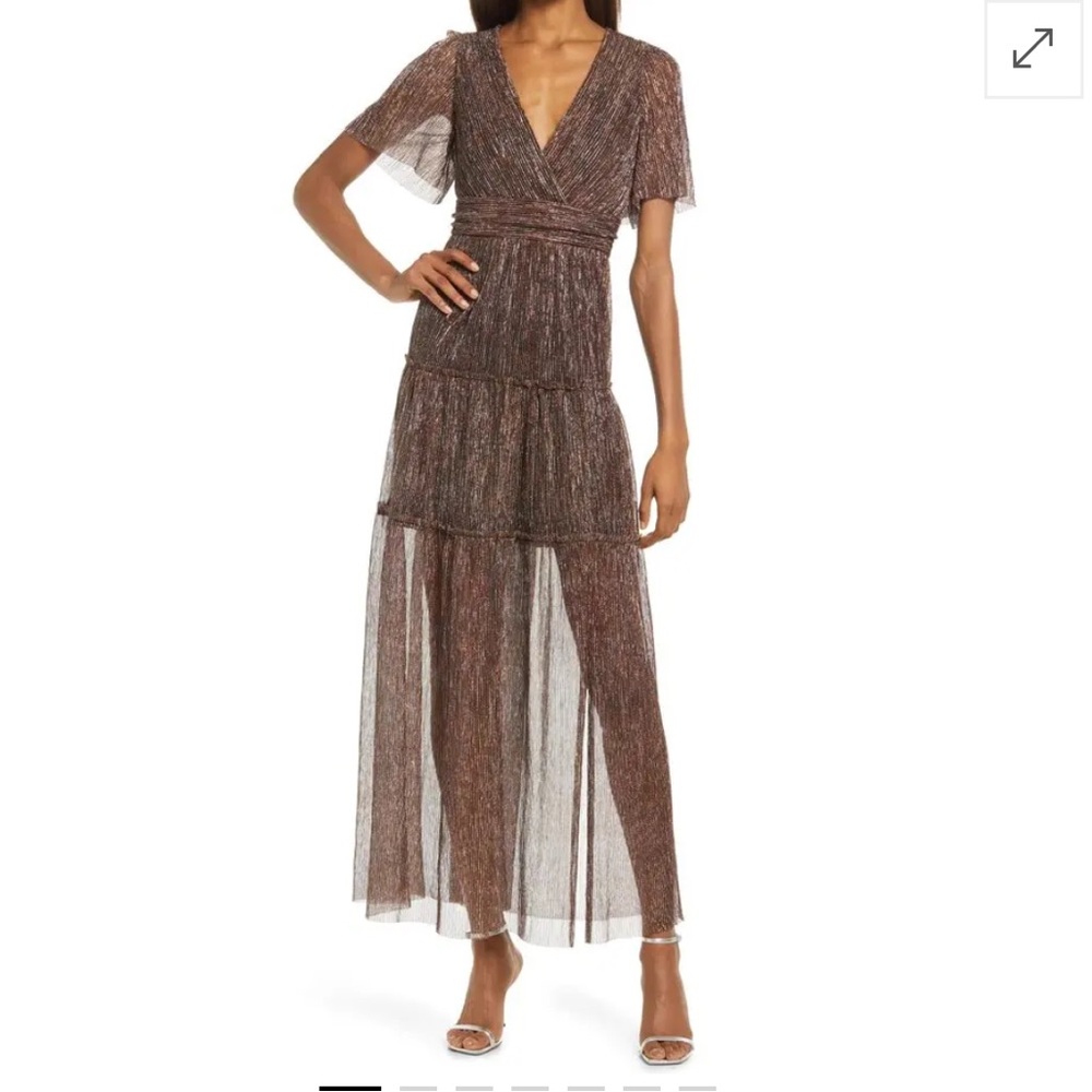 FLORET STUDIOS 
Open Back Metallic Plissé Dress